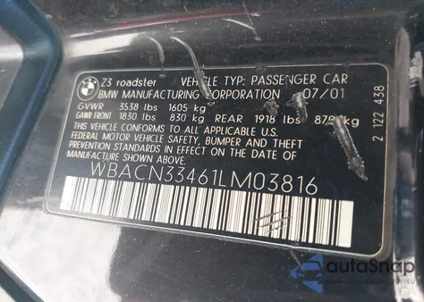 2001 BMW Z3 2.5I из США, поврежденный, VIN WBACN33461LM03816